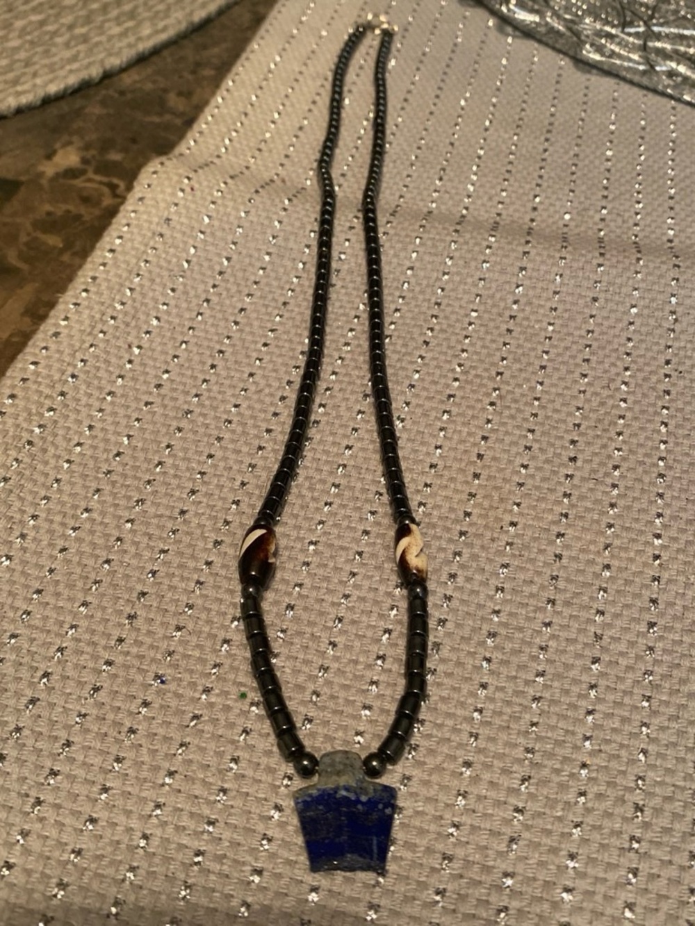 Black Beaded Necklace with Blue Stone Pendant